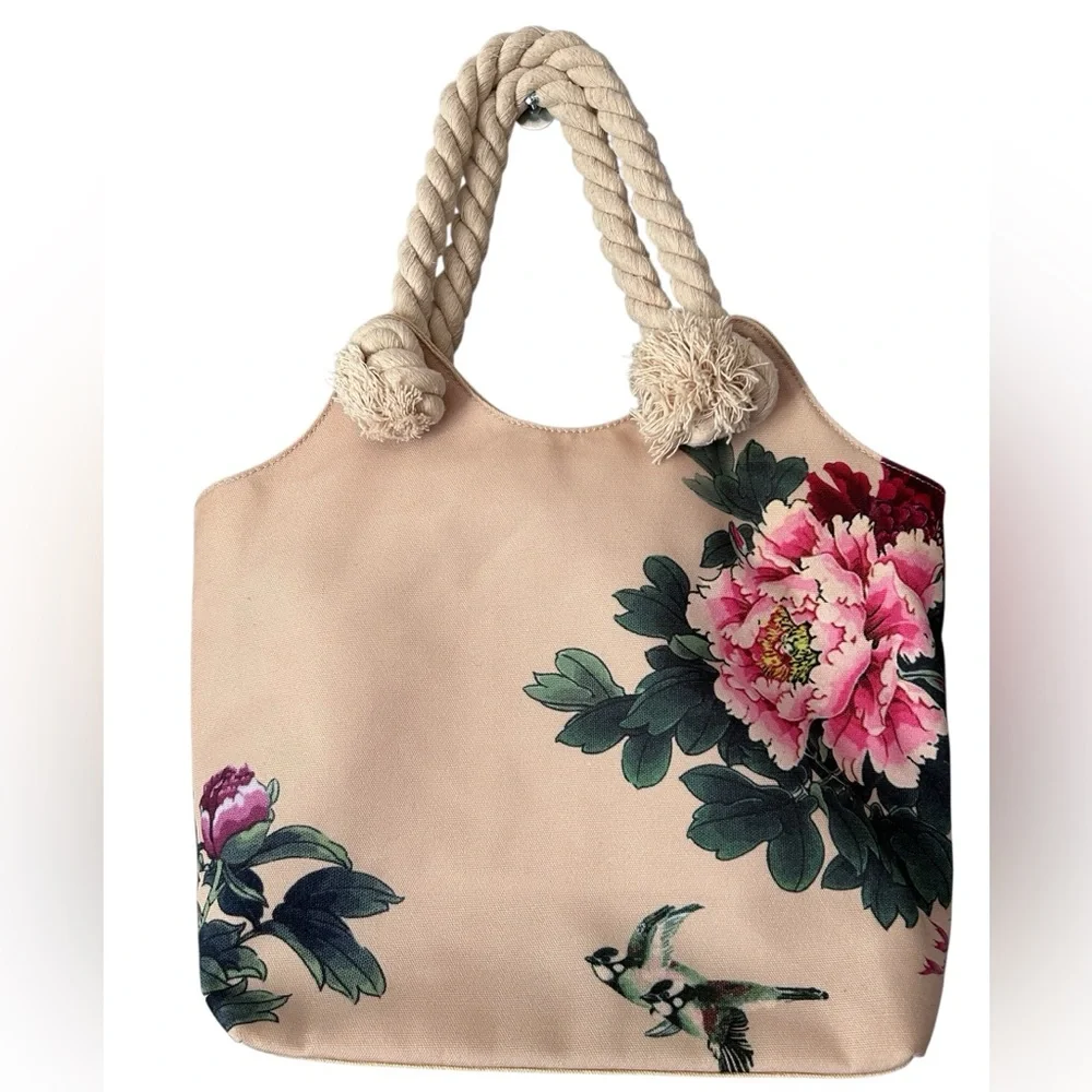 To Go Go Women’s Canvas Bag Rope Handles Flowers and Birds Purse Beach Travel